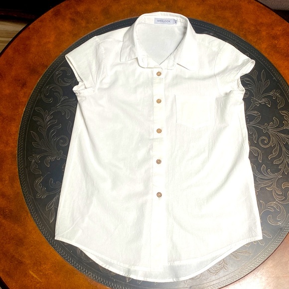 MissLook White Cap Sleeve Button Front Cotton Blend Linen Size M - Picture 7 of 7